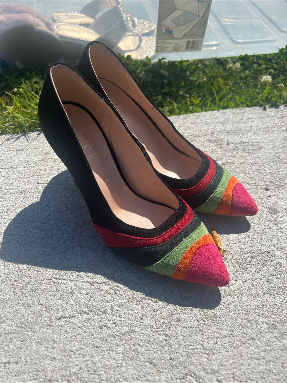 Women’s Pointed Toe Colorblock Pumps - Black with Pink/Red/Green/Orange Accents